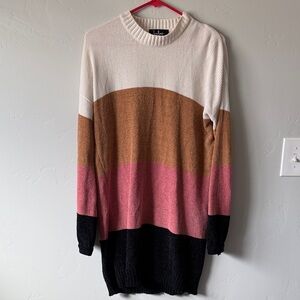 Lulu's Cream, Brown, Pink & Black Colorblock Crewneck Sweater Dress